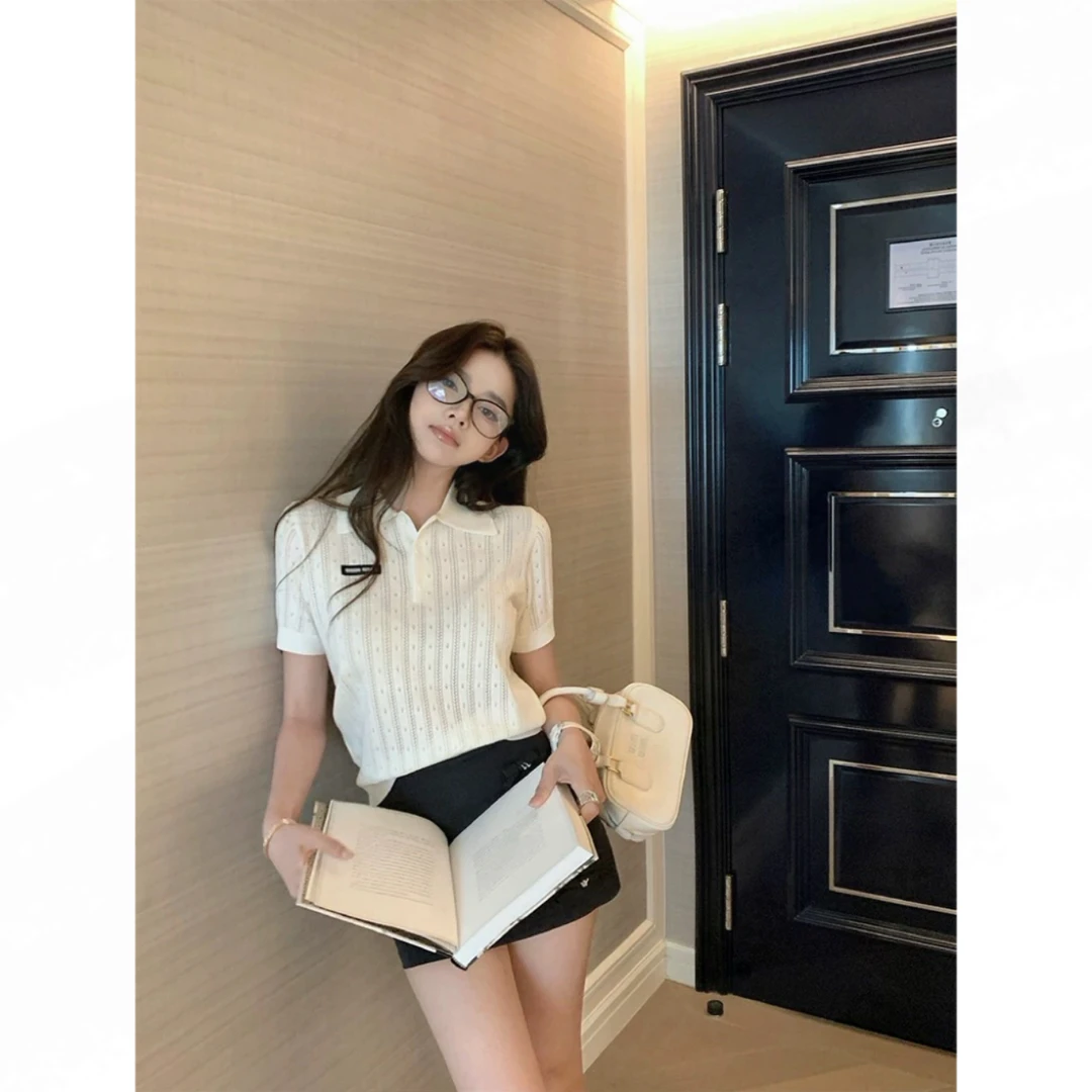 miu系学姐  新夏季镂空针织polo上衣通勤休闲小香风显瘦气质