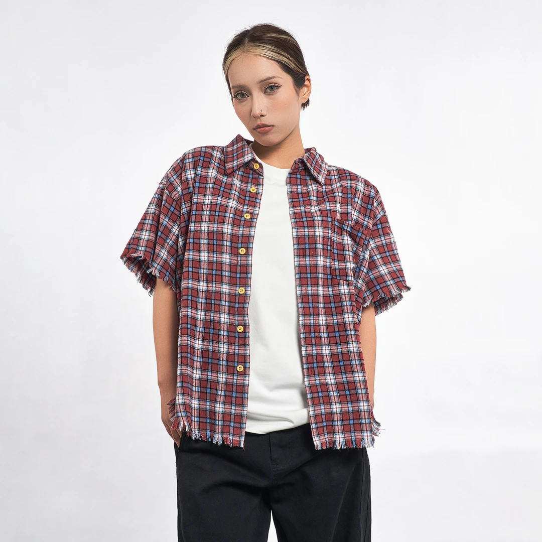 MT99【夏季衬衫】毛边美式夏季网格短袖衬衫复古纯棉潮牌休闲上衣男