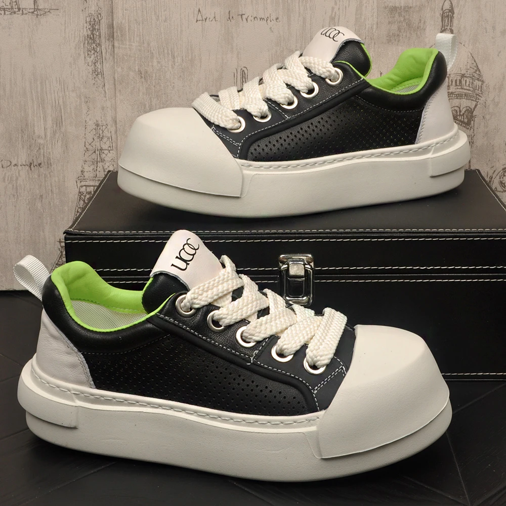 2025新款男士夏季透气镂空真皮休闲板鞋厚度内增高时尚青年低帮鞋