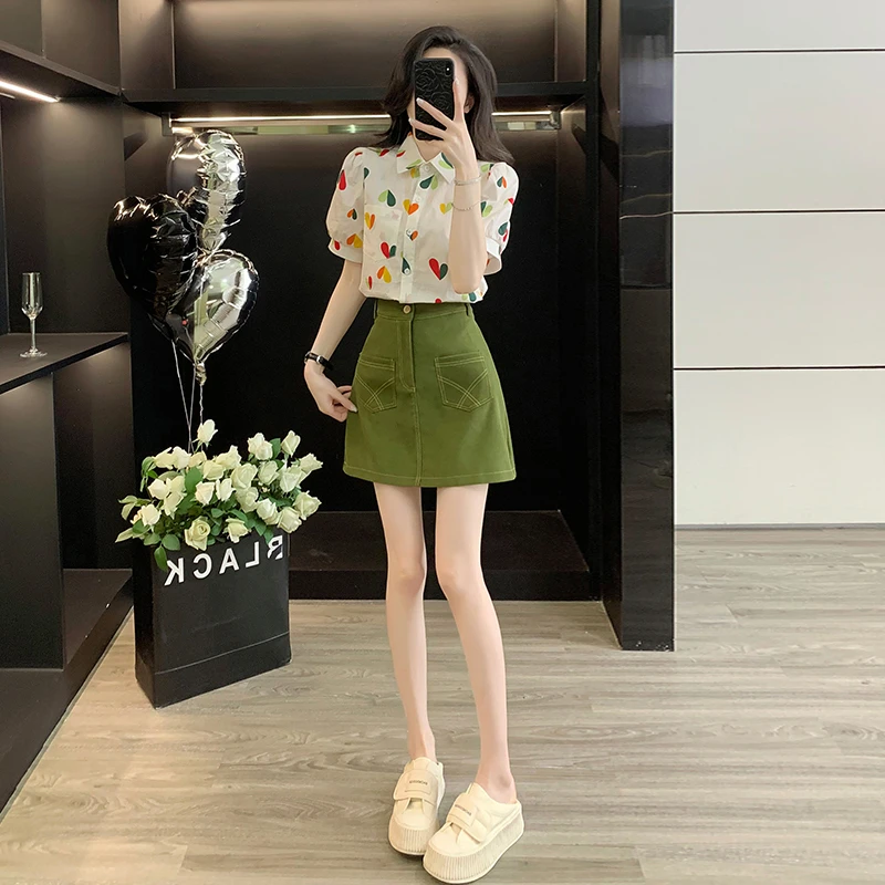 雪纺小衬衫女装衬衣碎花漂亮洋气短袖上衣百搭a字裙高腰半身短裙