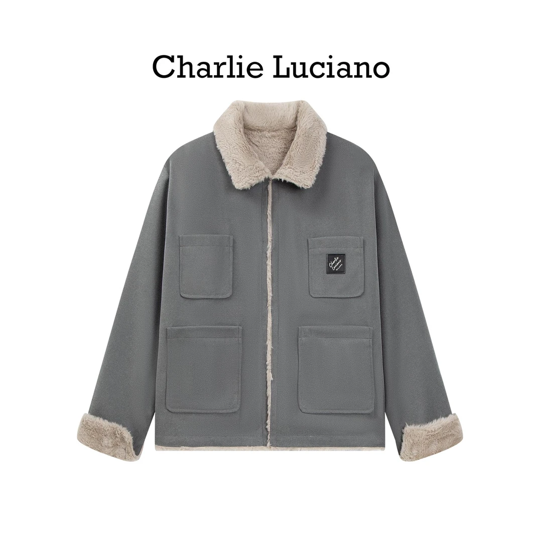Charlie Luciano 四口袋夹克冬季新款保暖宽松女同款翻领外套