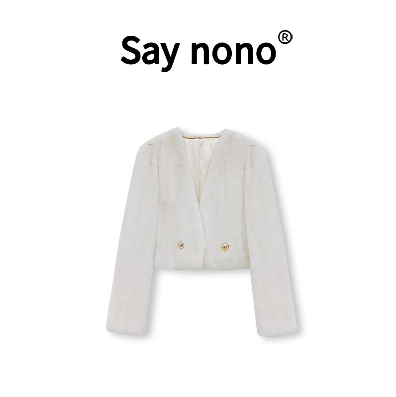 懒猫nono│Saynono 时尚气质短款V领水貂皮草外套YX800091