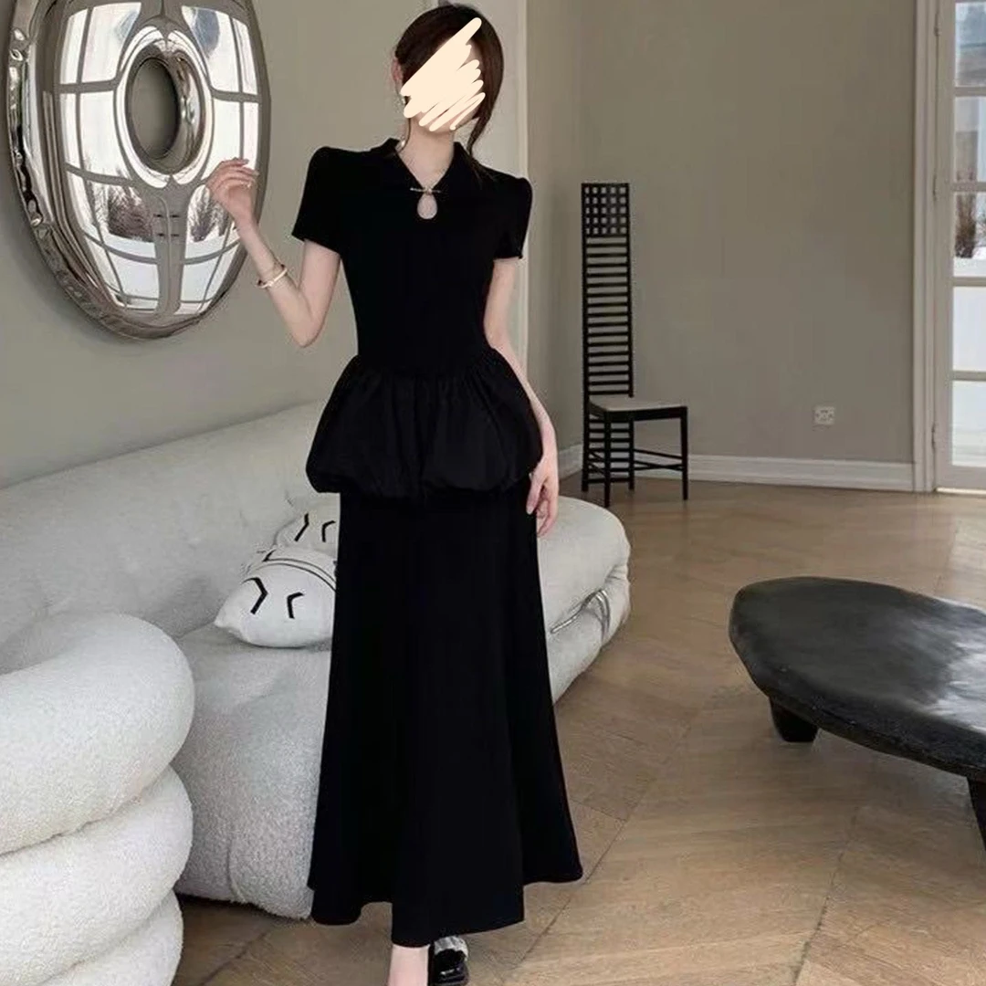 5121#大码中国风遮肉女新中式正版短袖上衣+半身长裙长款两件套