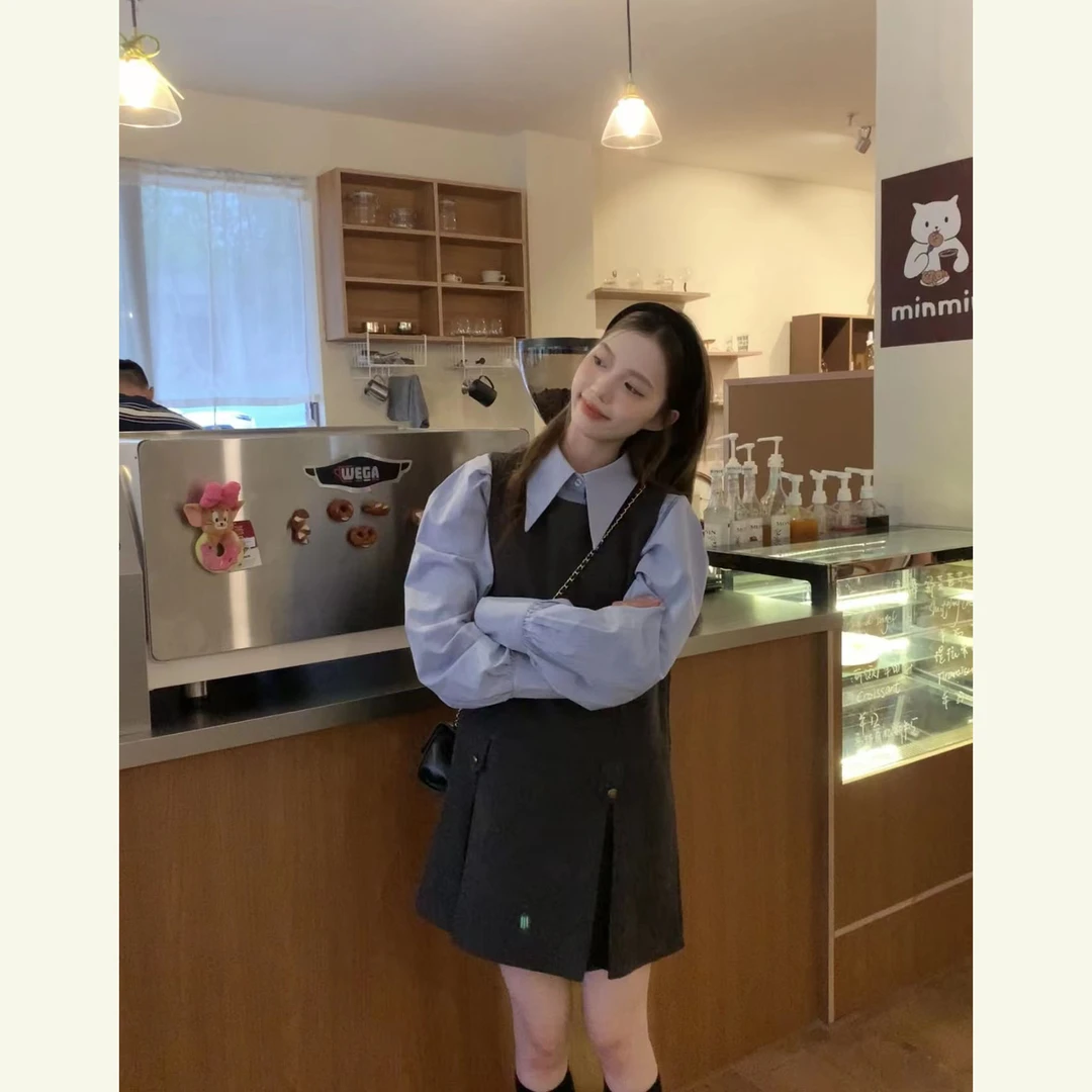 【高甜预警】英伦风压褶小金扣毛呢背心连衣裙+别致尖领两件套套装