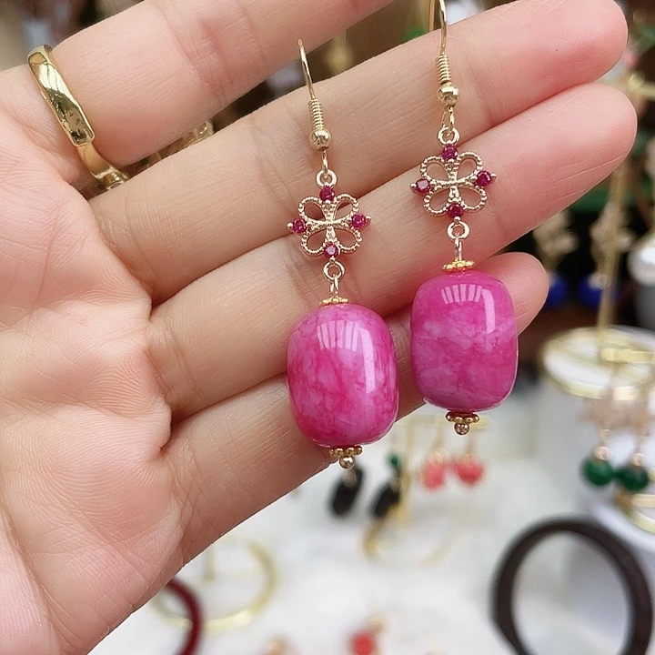 石英质玉耳钉合金粉色桶珠