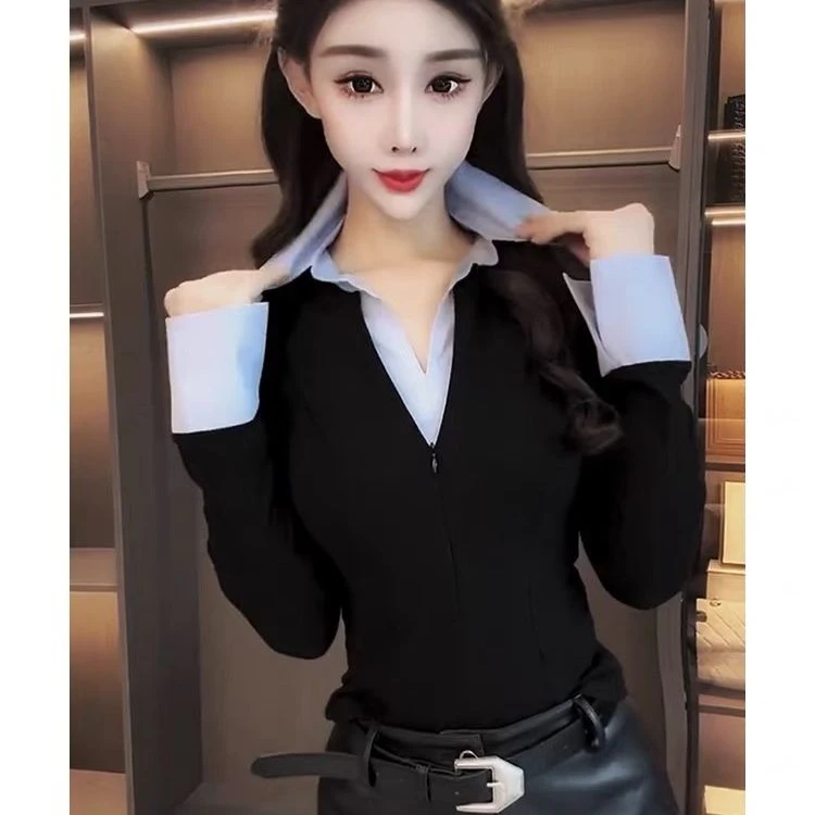 高级感撞色Polo领长袖衬衣2025春季新款通勤休闲百搭修身显瘦上衣