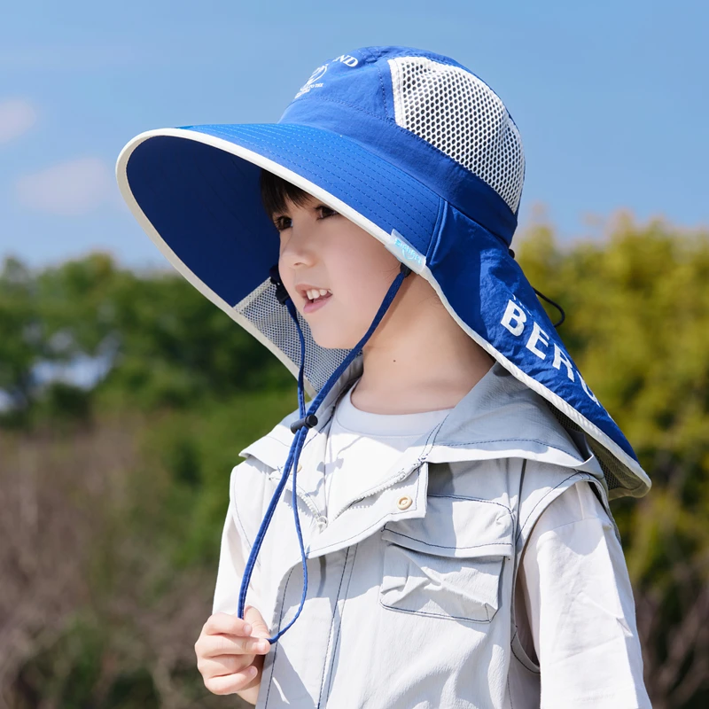 儿童防晒帽夏季男童新款卡通遮阳帽女宝宝太阳帽披肩帽网眼渔夫帽