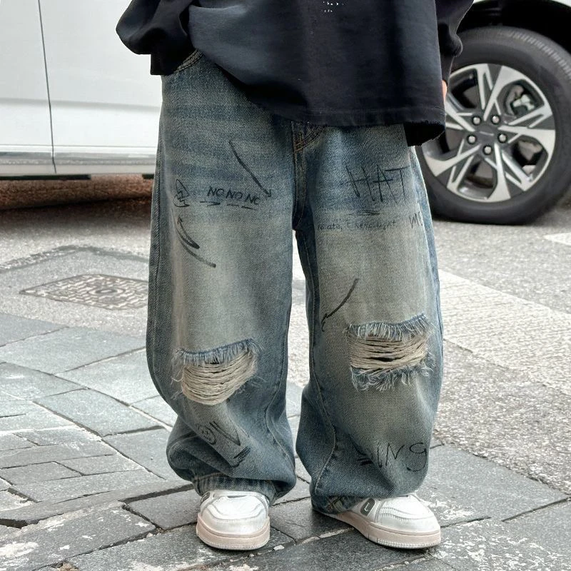 男童秋季破洞牛仔裤2025新款宝宝潮酷春秋装儿童长裤韩版帅气裤子