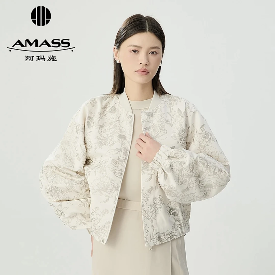 阿玛施AMASS 新款插肩灯笼袖立领暗门襟下摆松紧棒球夹克女540011