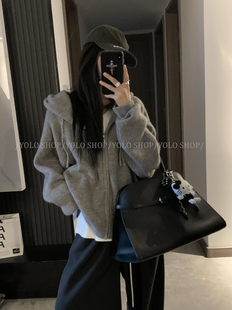 韩系秋冬新款叠穿韩系连帽毛衣内搭慵懒风针织开衫拉链外套女上衣