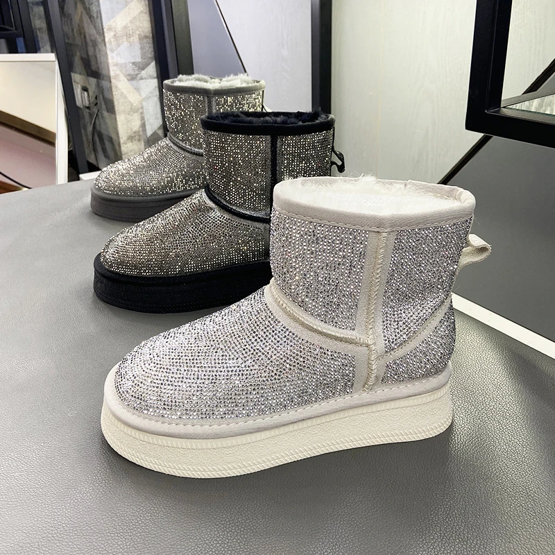 【米格格女鞋】2025冬季亮闪闪满天星水钻真皮羊毛内里小香风雪地靴