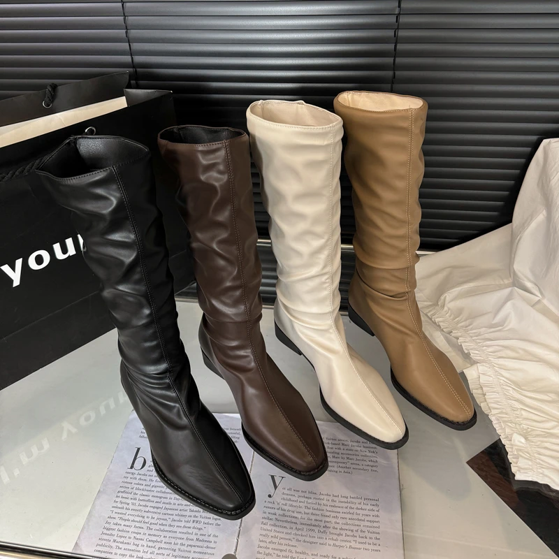 方跟复古显瘦高筒靴女秋冬2025年新款褶皱堆堆套筒尖头爆款骑士靴
