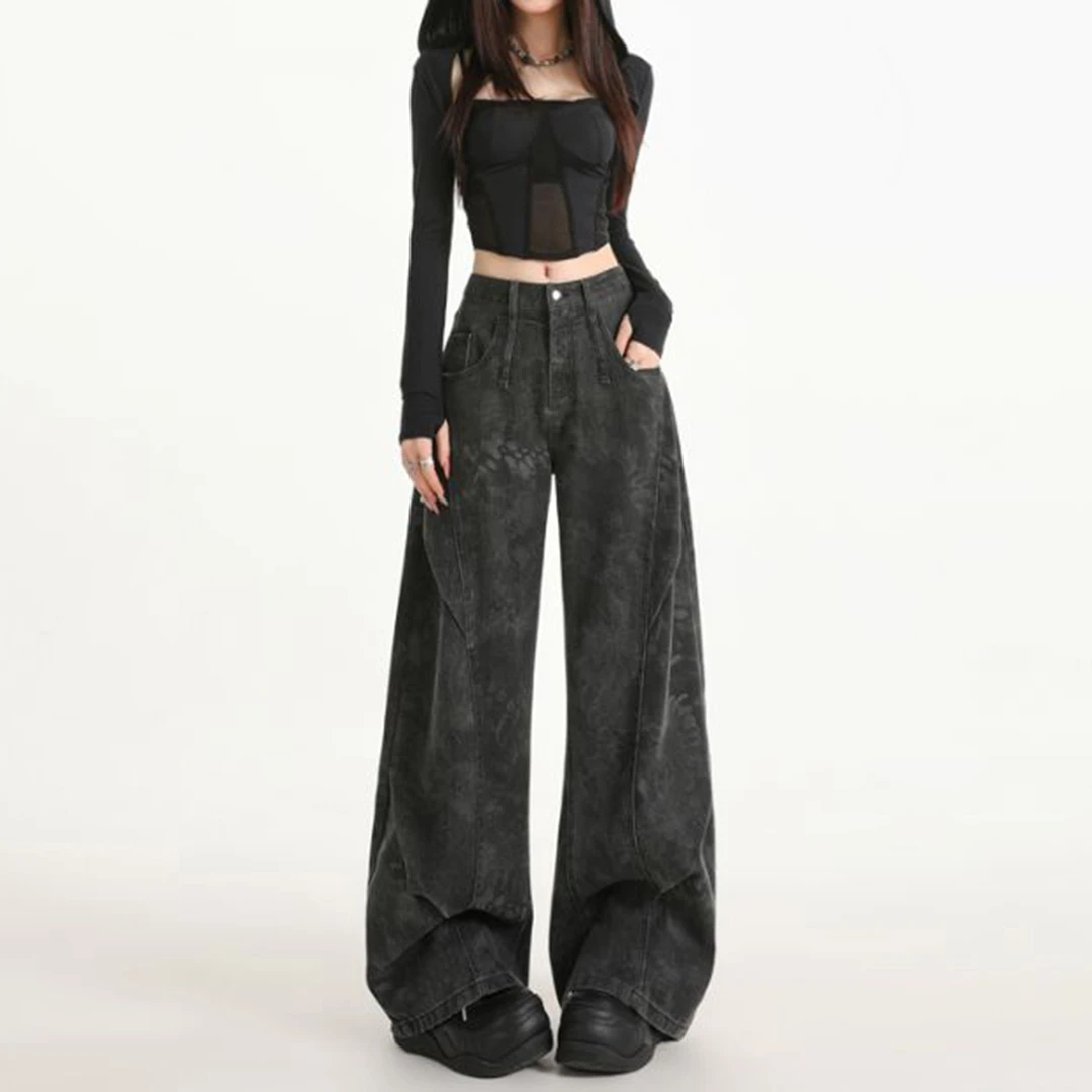 美式复古黑灰色阔腿牛仔裤女秋冬2025新款高腰显瘦宽松垂感直筒裤