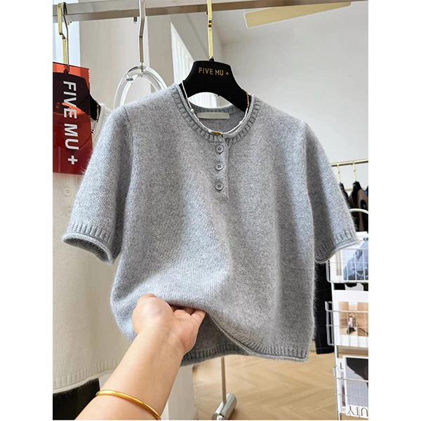 【卷边领三粒扣灰色中袖】针织衫宽松显瘦休闲时尚百搭圆领套头