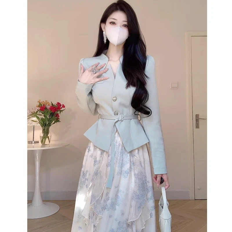 欧若风小香风2025春季新款女装时尚穿搭气质显瘦西装上衣百褶裙子