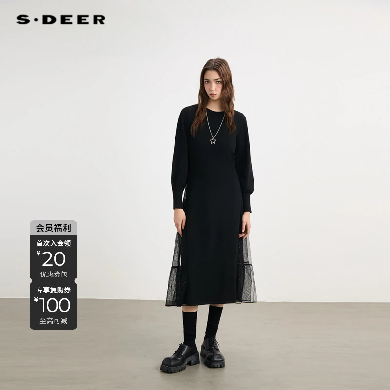 S·DEER女装气质针织轻奢时尚黑色设计师连衣裙S244Z1254