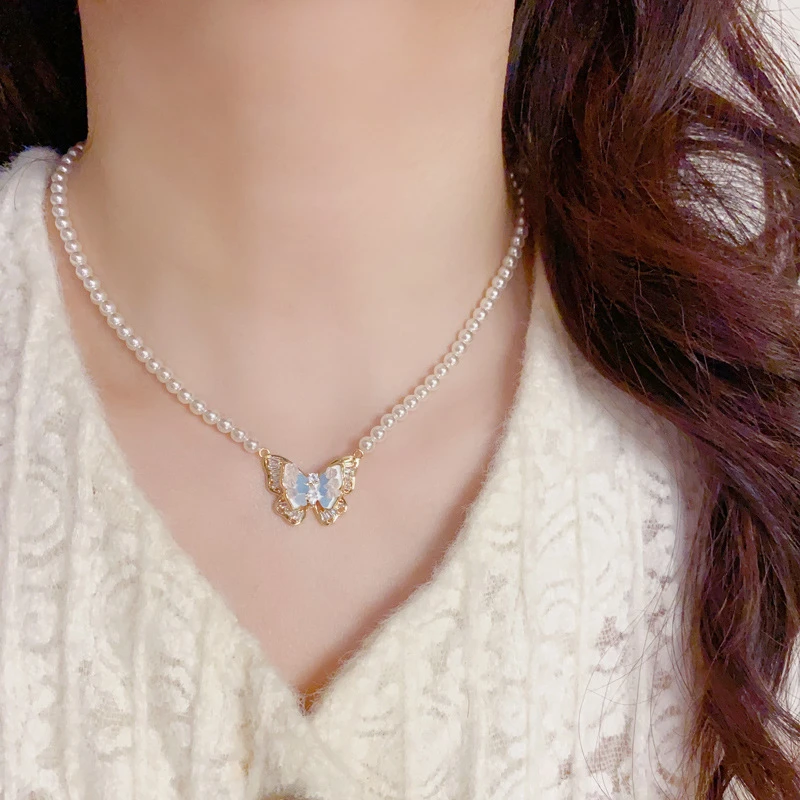 铜合金仿珍珠项链 气质蓝色蝴蝶水晶百搭法式ins清冷耳环项链轻奢