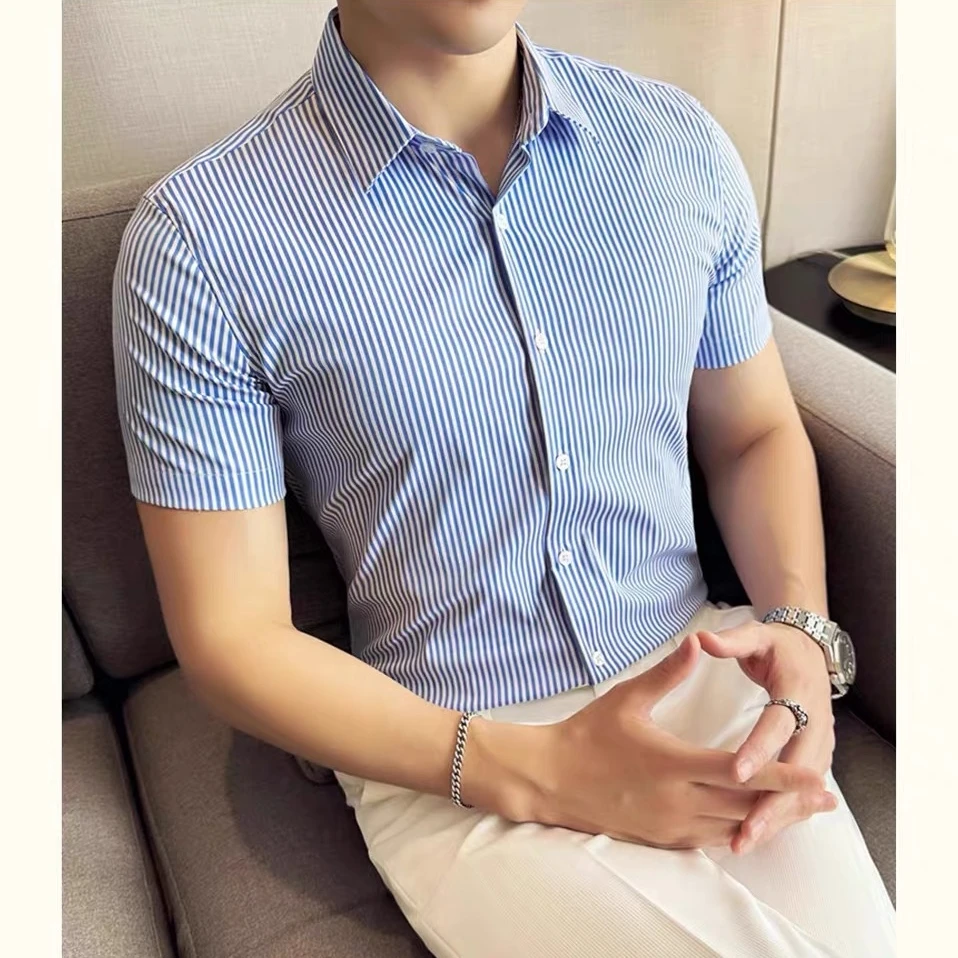 短袖条纹男士衬衫百搭夏季韩版修身蓝条纹衬衣商务休闲抗皱痞帅潮