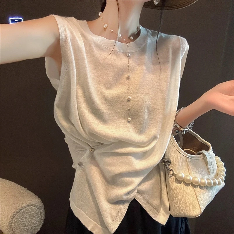 2025潮款夏季女装时髦洋气上衣薄款宽松冰丝不规则无袖T恤针织衫