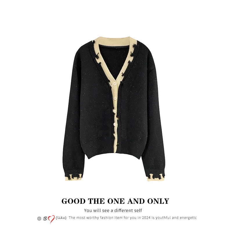 时尚高级撞色不规则毛边羊毛针织开衫600570