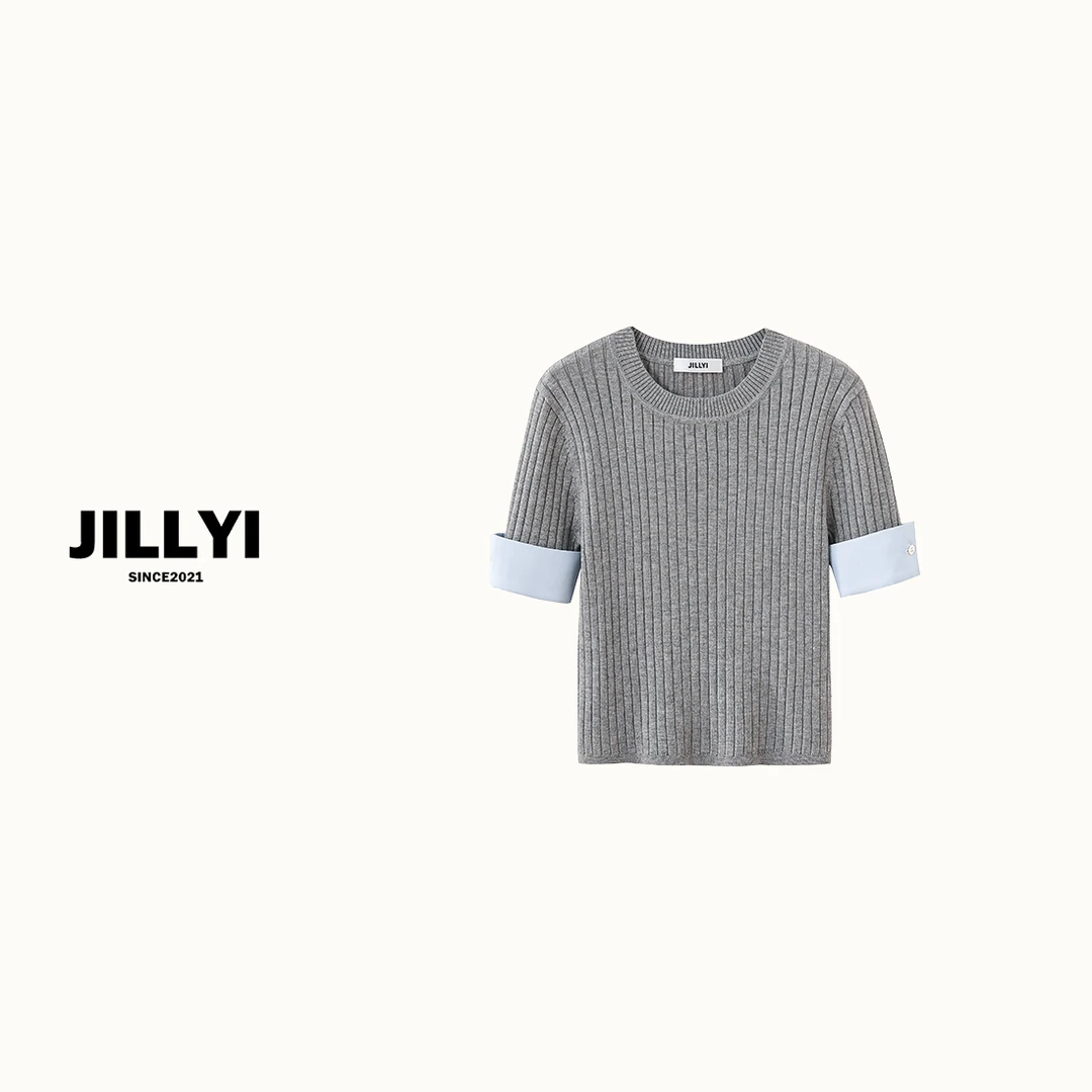 jillyi【格雷蓝调】双色圆领拼接蓝色袖口简约百搭针织上衣