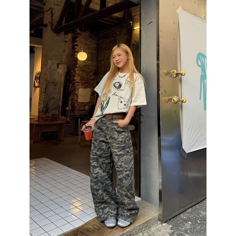 美式复古解构迷彩弯刀阔腿牛仔裤男女宽松显瘦高级感直筒拖地长裤