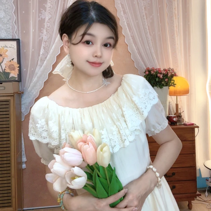 [金枝玉叶]法式复古甜妹风收腰显瘦夏季连衣裙一字肩仙气大摆裙