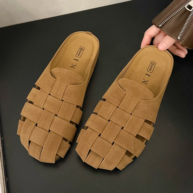 勃肯包头半拖鞋女外穿2025新款平底百搭凉拖厚底懒人一脚蹬穆勒鞋