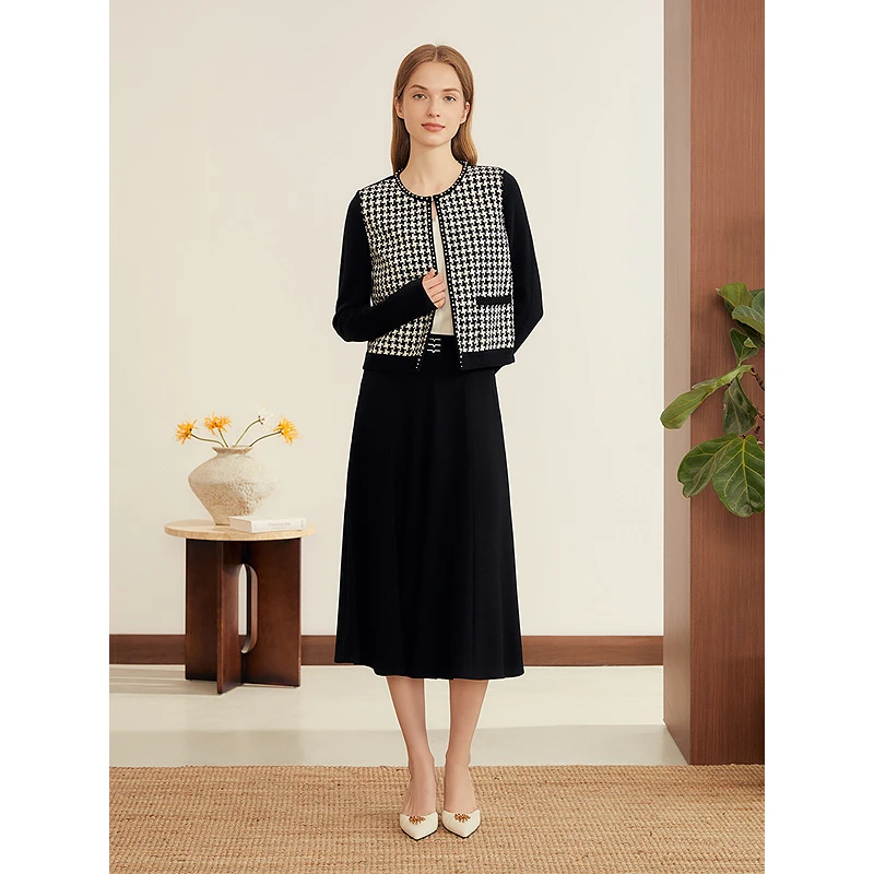 YINER音儿新款小香风千鸟格短款羊毛针织外套8C65306306