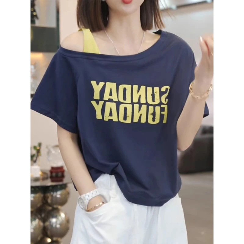 欧货设计感露肩短袖T恤2025夏季新款女装宽松休闲字母印花打底衫