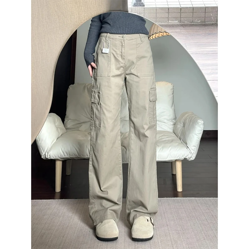 卡其色直筒工装裤女2025秋季新款窄版设计感美式复古百搭休闲裤子