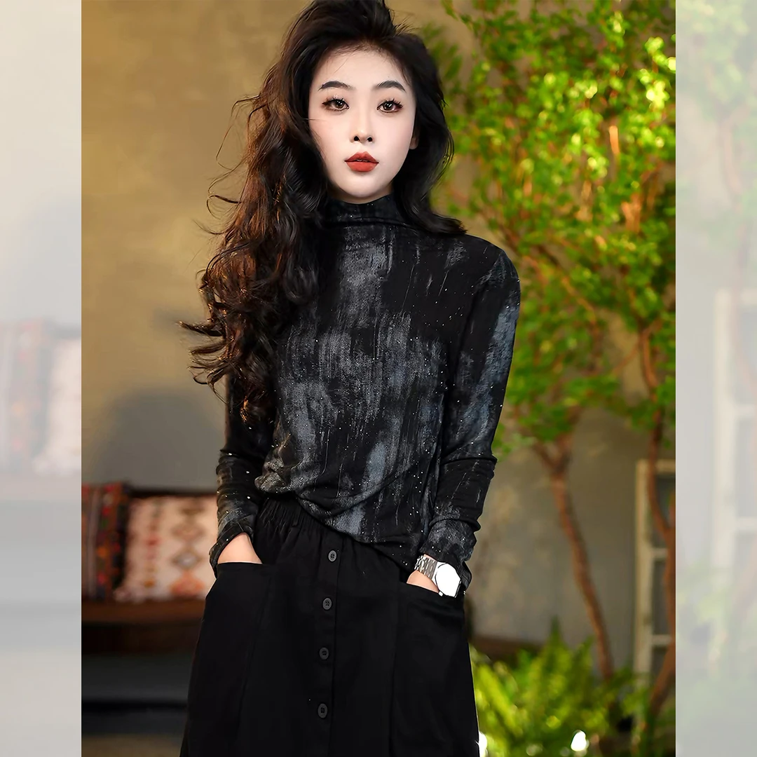 【陶子】-半高领上衣打底衫女秋季新款弹力上衣复古百搭款302002