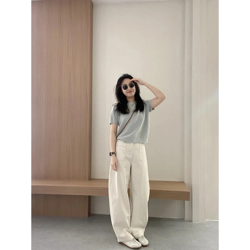 韩系气质慵懒风纯色简约短袖T恤上衣百搭显瘦直筒休闲阔腿裤套装