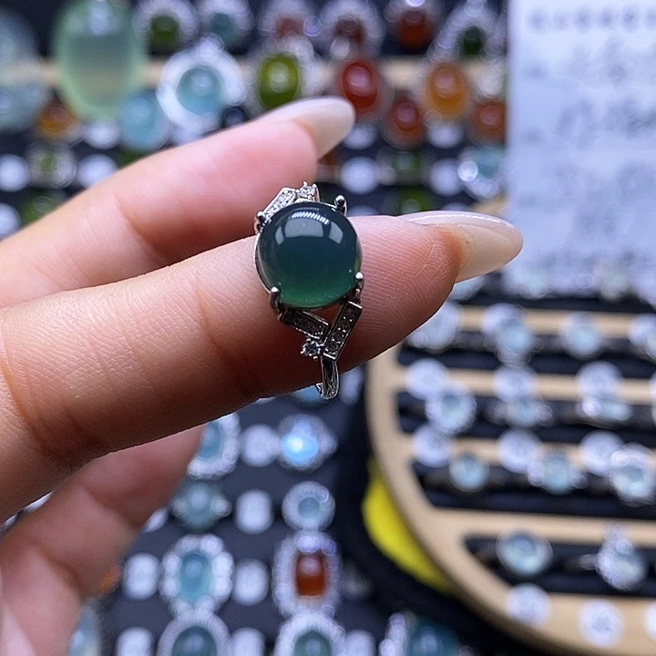 得***.岫玉银S925镶嵌戒指