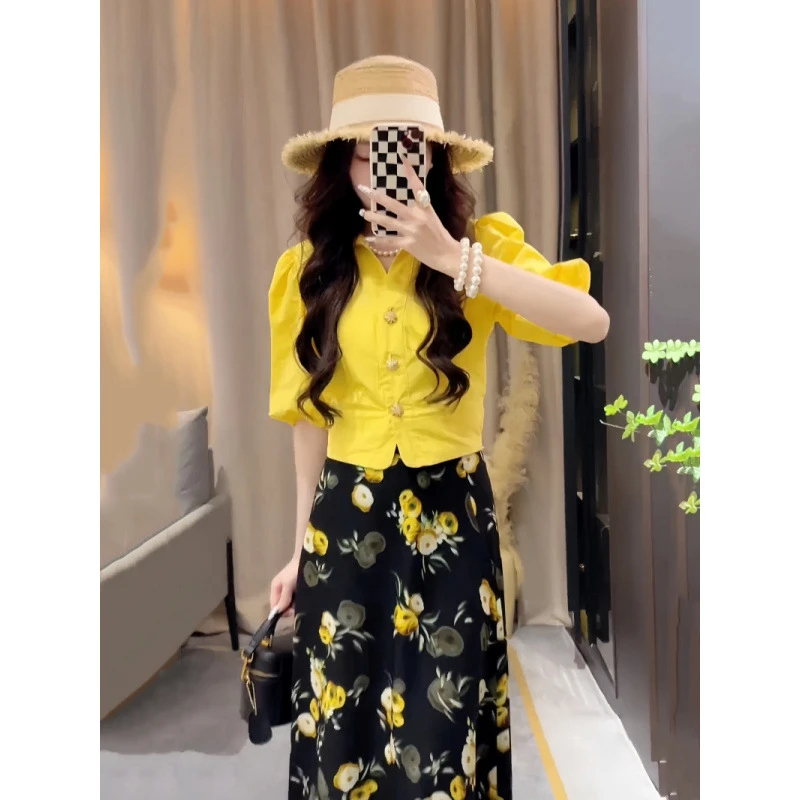 夏装搭配一整套盐系时尚百搭泡泡袖衬衫上衣碎花半