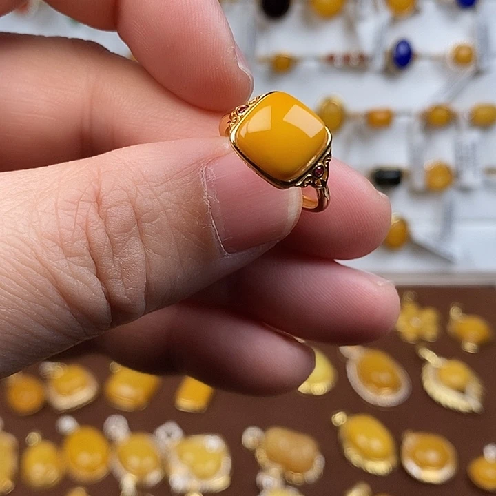 蜜蜡银S925镀金镶嵌戒指