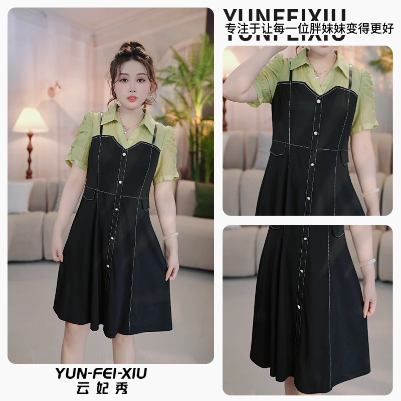 云妃秀大码女装连衣裙时尚休闲胖妹妹气质减龄显瘦宽松拼接夏9001