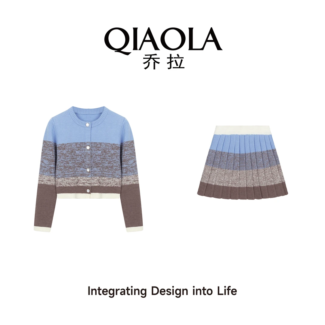 QIAOLA/乔拉【海蓝星辰】秋季条纹北极绒百褶慵懒减龄时尚套装预售