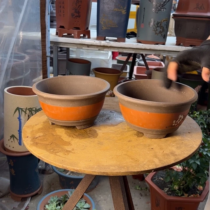 宜兴紫砂花盆红富贵点彩小一对