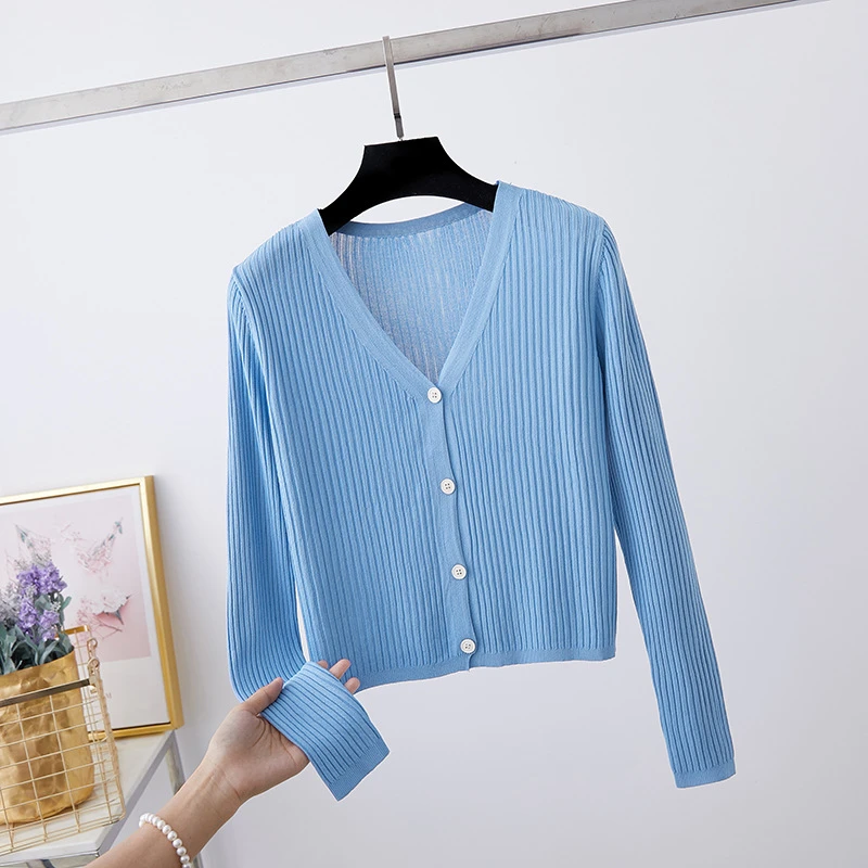 夏季冰丝针织衫女开衫防晒衫薄款V领外搭上衣配针织衫夏季薄款