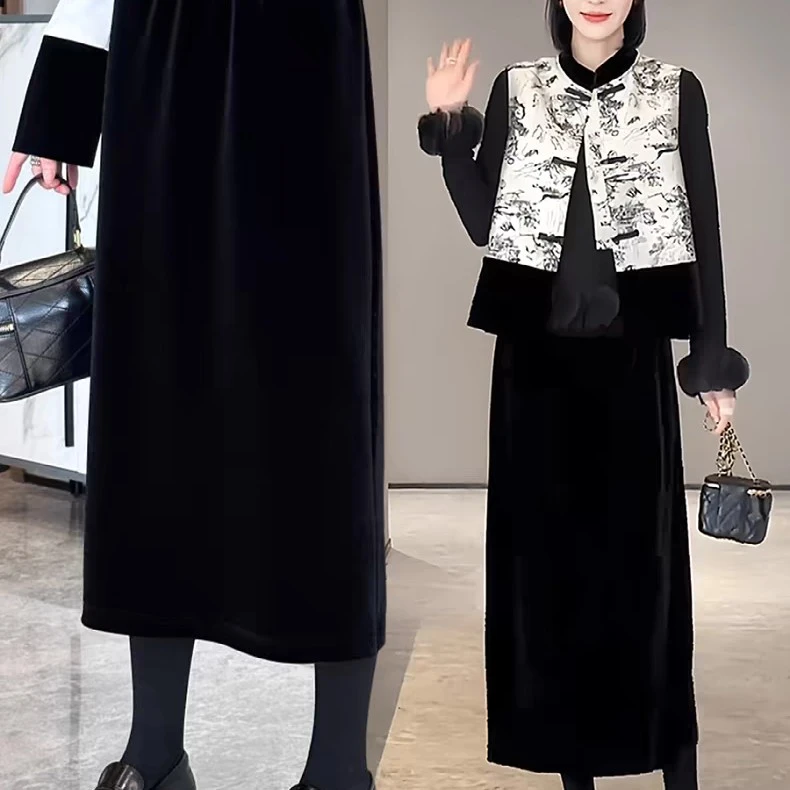 黑色金丝绒开叉半身裙女2024春秋新款a字裙加厚半身裙