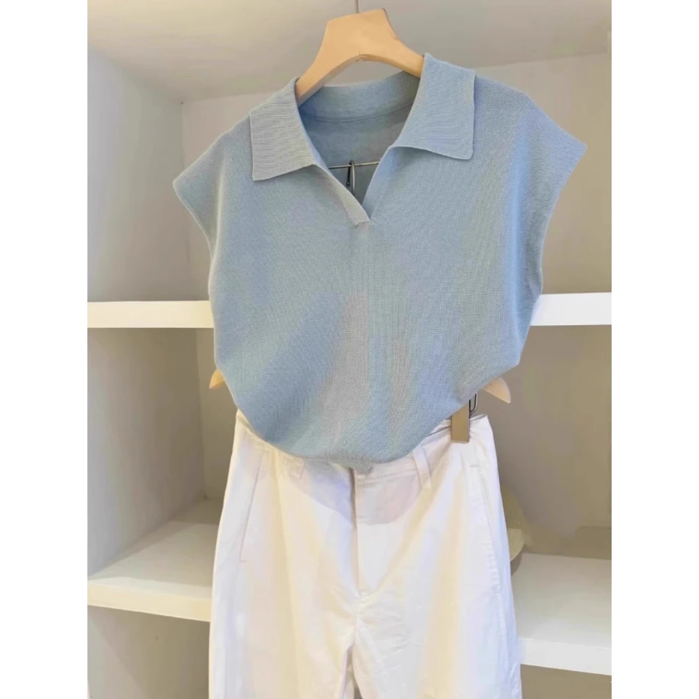 真心好看！端庄大气针织衫女气质蓝色翻领飞飞袖夏季修身薄款上衣