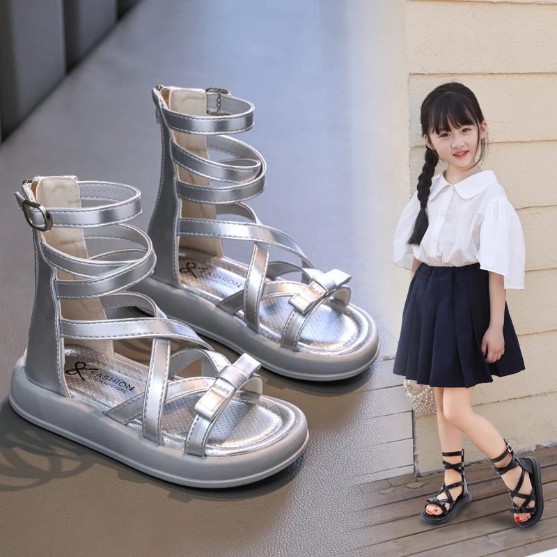 女童罗马凉鞋2025夏季新款高筒小女孩公主软底凉靴女孩时尚沙滩鞋