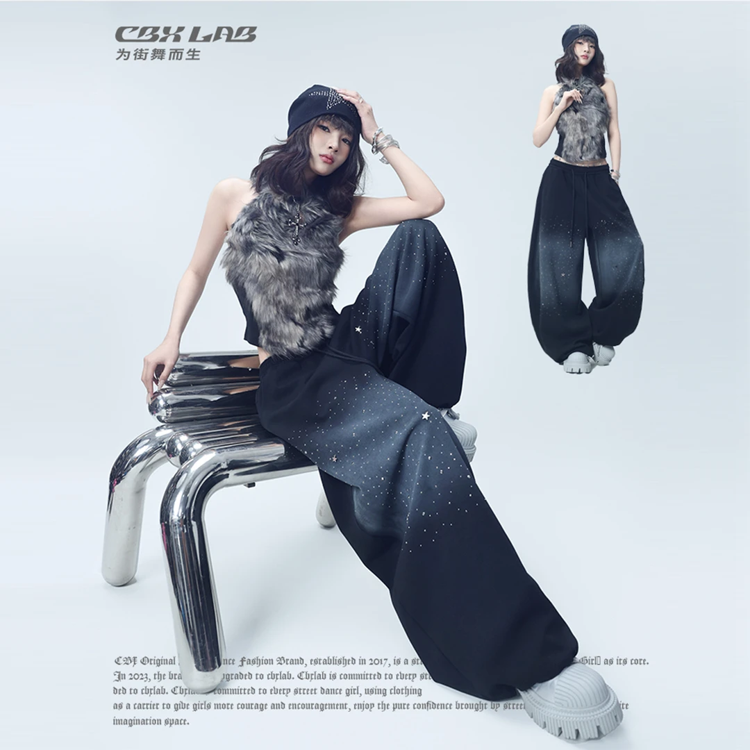 【达人专属】CBXLAB街舞潮牌烫钻星空渐变辣妹复古长裤潮嘻哈休闲