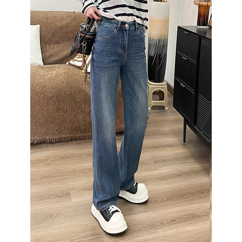 【华总高定】2025春季新款上身显瘦百搭莫蓝灰色高奢阔腿牛仔裤