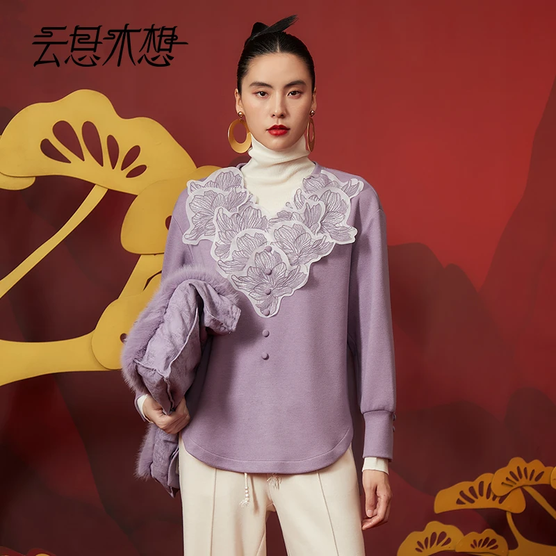 Ysimo-X云思木想 花开盎然 V领手钉欧根纱烧花休闲长袖卫衣12742