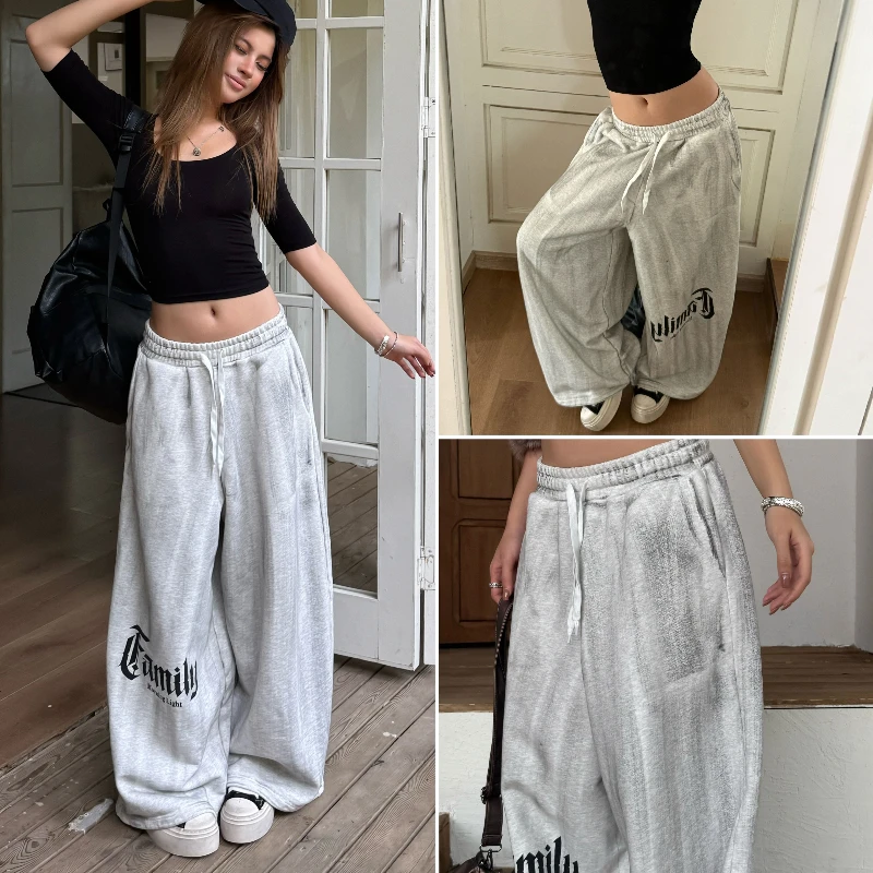 Audwyn手工做脏休闲卫裤女美式街头水洗做旧印花大裆超宽松运动裤