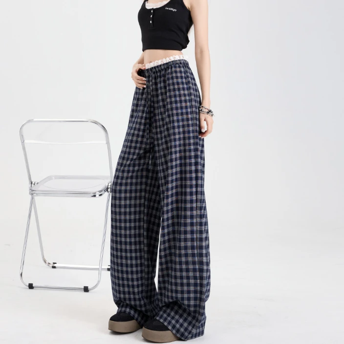 2331拼接蕾丝格子裤爆款蕾丝拼接格纹裤女纯欲慵懒小众独特设计感