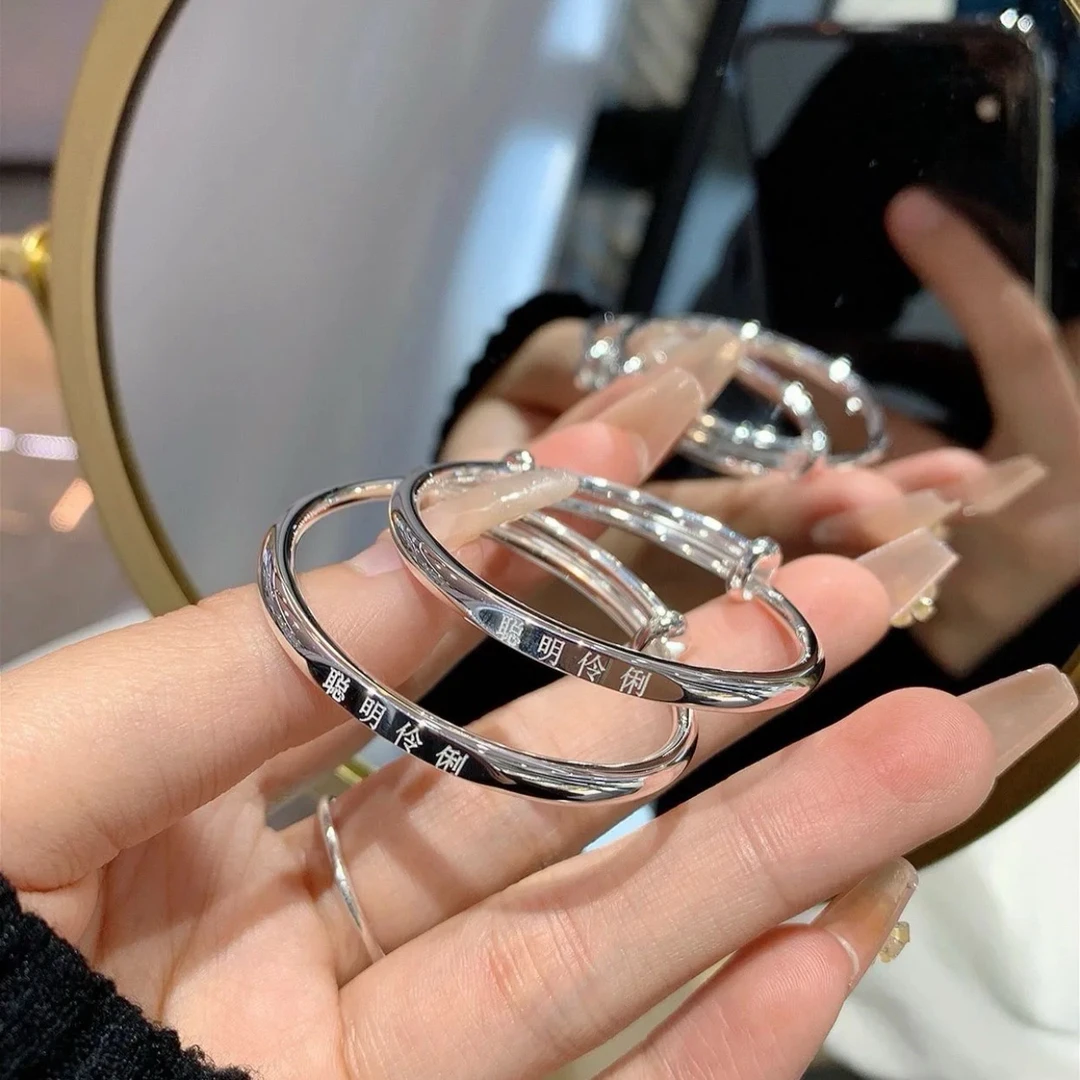 足银手镯 宝宝纯银手镯999足银一对实心镯子儿童婴儿小孩满月礼物