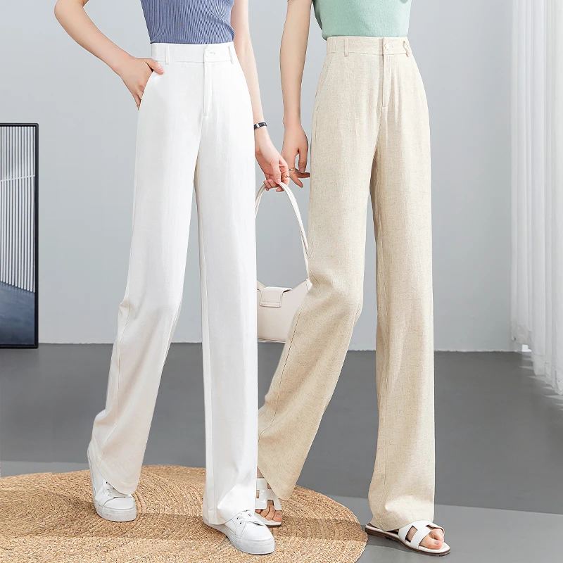 【秋新品】秋季窄版棉麻阔腿长裤高腰显瘦直筒裤垂感亚麻女裤